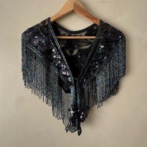 Vintage Black Sequin Fringe Shawl OS 513